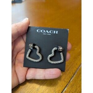 Coach Pave Heart Hoop Earrings Silver
